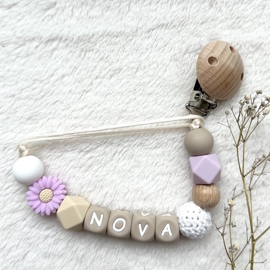 Speenkoord met naam | Gepersonaliseerd | Bloem Lila | Kraamcadeau | Baby | Speenclip | Speenketting | Bebbes van Bebbes