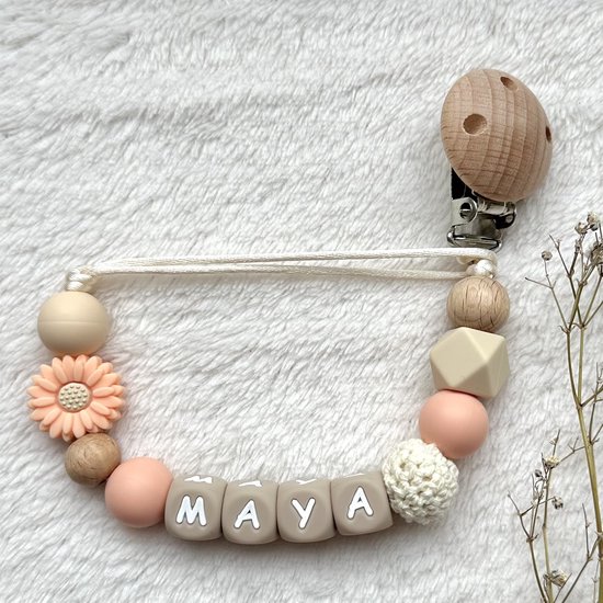 Speenkoord met naam | Gepersonaliseerd | Bloem Peach (oranje/roze) | Kraamcadeau | Baby | Speenclip | Speenketting | Bebbes van Bebbes