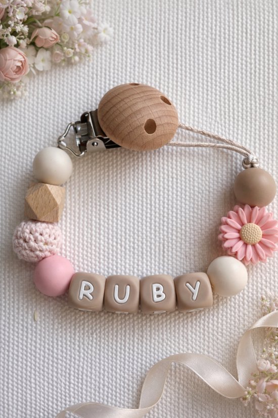 Speenkoord met naam - gepersonaliseerd - bloem-roze-beige - kraamcadeau & babycadeau - baby - meisje van Merkloos
