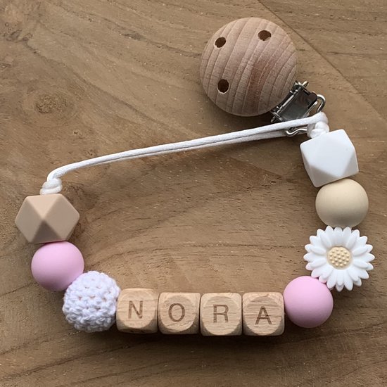 Speenkoord met naam | Gepersonaliseerd | Bloem Roze - Hout | Kraamcadeau | Baby | Speenclip | Speenketting | Bebbes van Bebbes