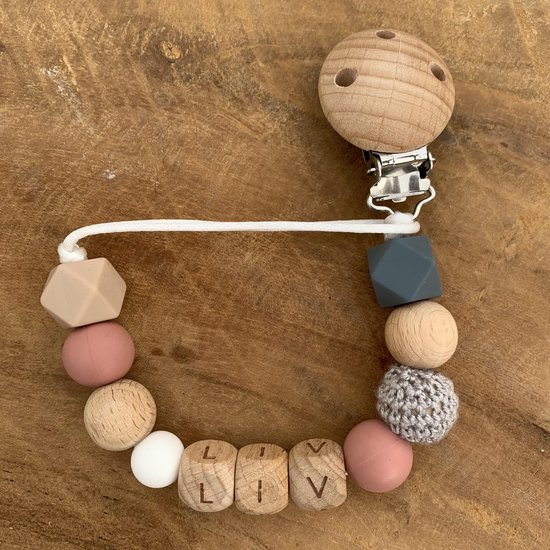 Speenkoord met naam | Gepersonaliseerd | Donker Roze - Hout | Kraamcadeau | Baby | Speenclip | Speenketting | Bebbes van Bebbes