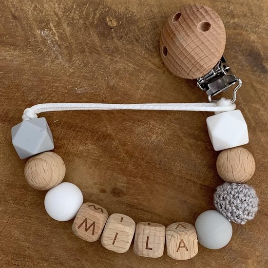 Speenkoord met naam | Gepersonaliseerd | Grijs | Gender Neutraal | Kraamcadeau | Baby | Speenclip | Speenketting | Bebbes van Bebbes