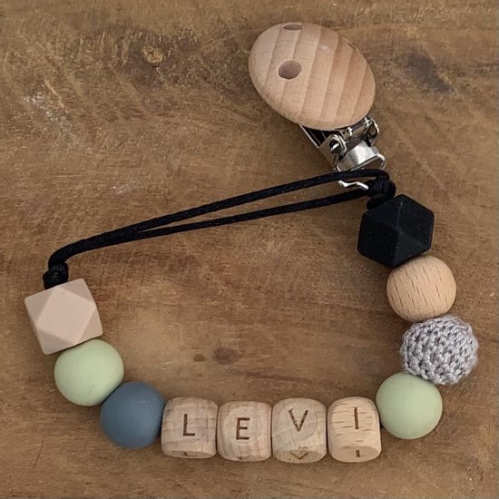 Speenkoord met naam | Gepersonaliseerd | Groen - Hout | Kraamcadeau | Baby | Speenclip | Speenketting | Bebbes van Bebbes