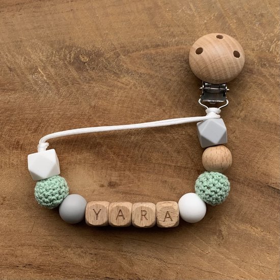 Speenkoord met naam | Gepersonaliseerd | Mint - Hout | Gender neutraal | Kraamcadeau | Baby | Speenclip | Speenketting | Bebbes van Bebbes