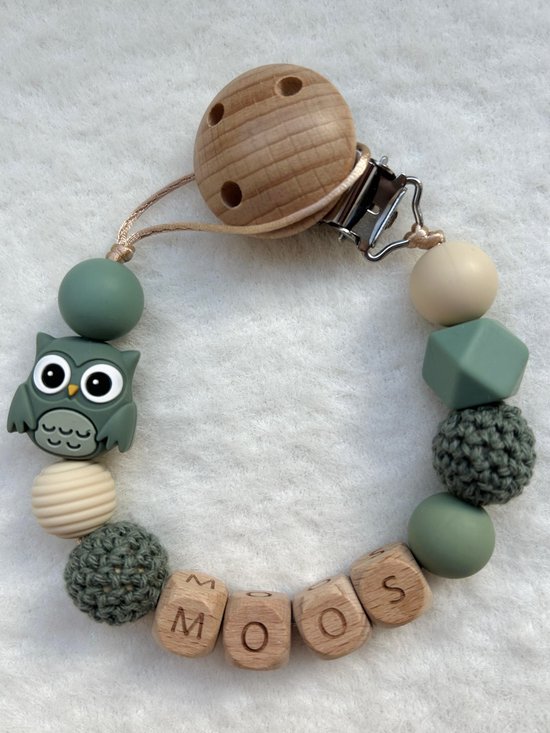 Speenkoord met naam - Groen/Uil - Gepersonaliseerd - Speenketting - Babycadeau - Kraamcadeau - Speenkoord jongen