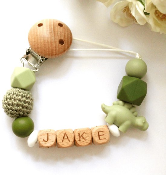 Speenkoord met Naam Jongen Dino - BINNEN 24U VERZONDEN! - Groen - Gepersonaliseerd - Speenkoord clip - Kraamcadeau - Speenketting met Naam - Speenclip - Babycadeau - Babyshower van Merkloos