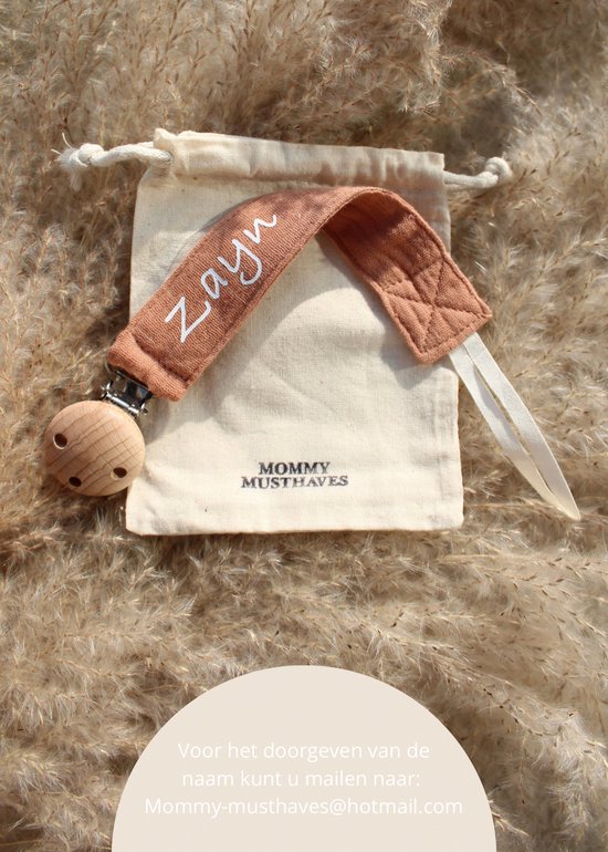 Speenkoord met naam - katoen - roest bruin - houten knop - speenketting met naam - baby - gepersonaliseerd kraamcadeau - stof - jongen - meisje - fopspeen - accessoires baby - roest bruin - ZIE BESCHRIJVING VOOR HET DOORGEVEN VAN DE NAAM van LittleOne Amsterdam