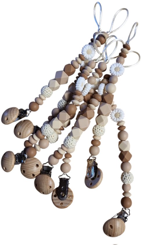 Speenkoord spenenketting silicone Daisy kraal en bruin - beige bijtkralen van Merkloos