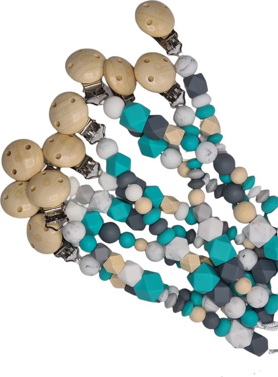 Speenkoord spenenketting turkoois met grijze, witte en houten bijtkralen van Merkloos
