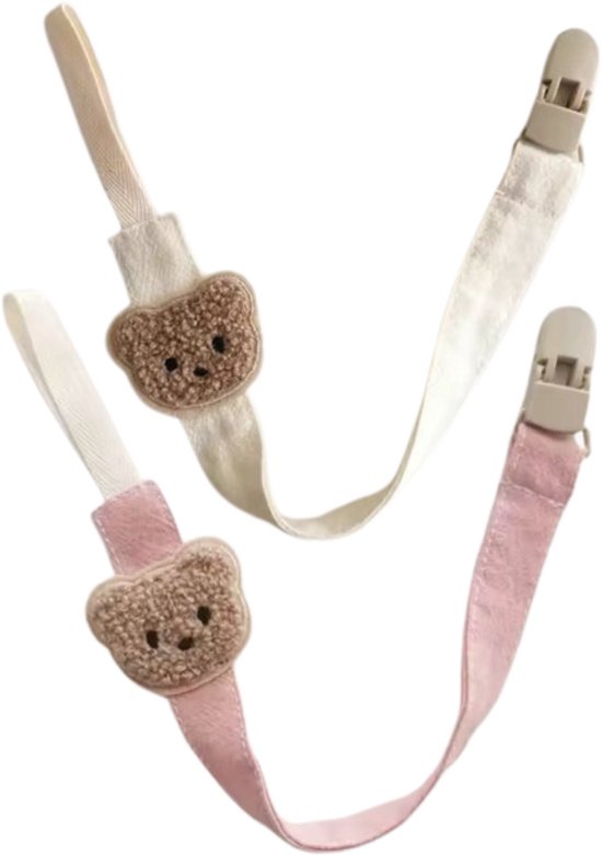 Speenkoord Teddy Set van 2 - Beige & Roze - Beer - Fopspeenkoord - Speenketting - Speenkoorden - Jongen - Meisje - Met Clips - Kraamcadeau - Babyshower - Baby - Speenhouder - Cadeau - Stoffen Speenkoort van Merkloos