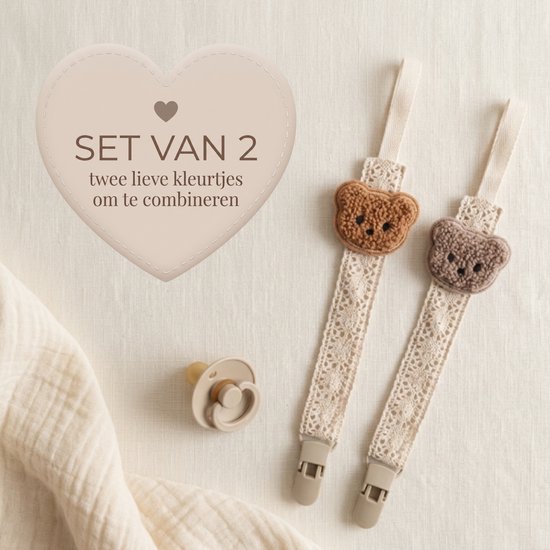 Speenkoorden Set van 2 Beertjes - Bruin & Taupe - Binnen 24U Verzonden - Fopspeenkoord - Speenketting - Speenhouder - Jongen en Meisje - Baby - Kraamcadeau - Babyshower - Stoffen Speenkoord met Clips - Teddy - Unisex Geboortecadeau - 2 Stuks