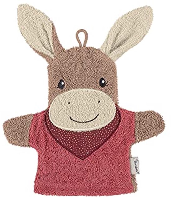 Spel Washandschoen - Handpop Ezel - Badplezier Creëren - 2-in-1 Ontwerp - 21 x 24 cm - Roze Bruin