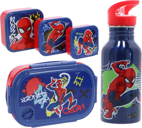 Spiderman Lunchset 5-delig - Aluminium drinkfles - Lunchbox - 3 snackboxen van Merkloos