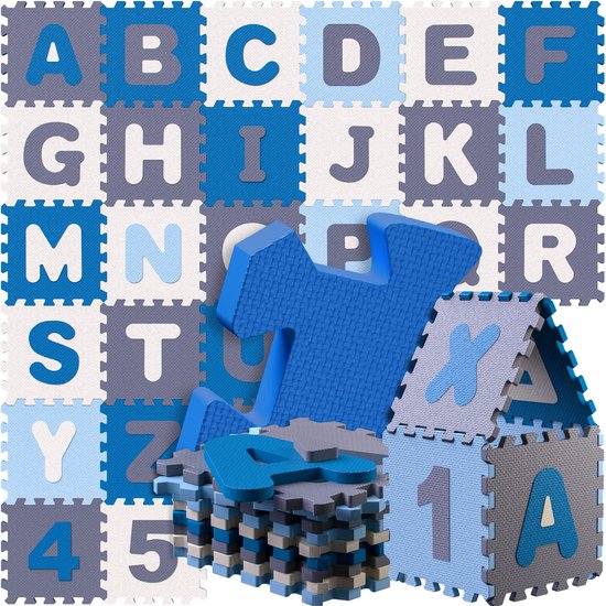 Spielwerk XXL Puzzelmat - Schuim 86 Delen Cijfers Letters - Blauw van Spielwerk