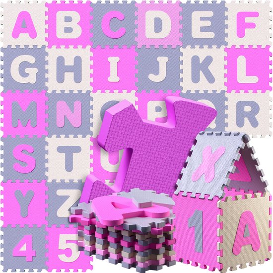 Spielwerk XXL Puzzelmat - Schuim 86 Delen Cijfers Letters - Roze van Spielwerk