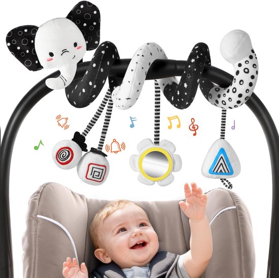 Spiraalvormig autostoeltje speelgoed voor baby's van 0-6 maanden, zwart-wit babyspeelgoed, babyspeelgoed met hoog contrast voor pasgeborenen, hangend speelgoed voor in de kinderwagen, kraamcadeau voor jongens en meisjes van Merkloos