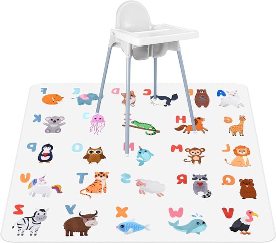 Splash Pad voor Onder Hoge Stoel, 53" Waterdichte Splash Mat, Kinderen Vloermat, Wasbaar en Antislip, Bescherming voor Vloer en Baby met Dierenalfabet Design