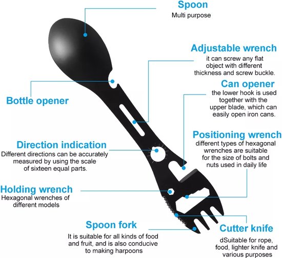 Spork Outdoor Gadget Lepel Multitool 11 in 1 survival EDC Bier Opener RVS van Merkloos