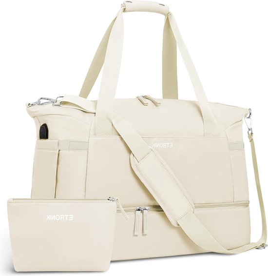 Sporttas met USB-oplaadpoort en schoenenvak voor dames - Weekendtas met zak voor natte spullen voor reizen gym yoga Beige M van Ordinett