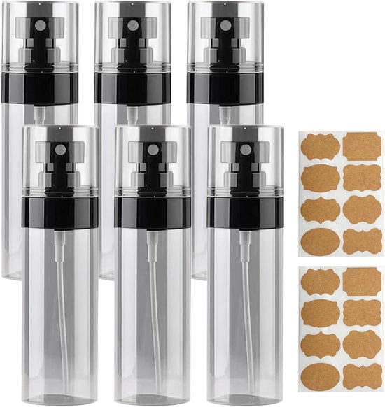 Sprayflessen set van 6 - 50 ml - transparant zwart - fijne nevelspuiter voor cosmetica - ShopVlot