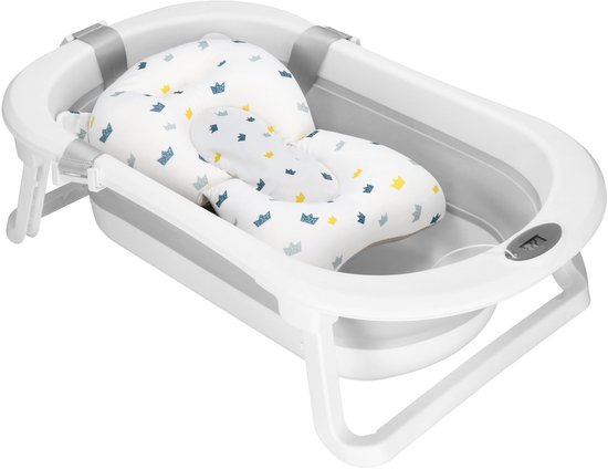 Springos Opvouwbaar Baby Bad - Opvouwbaar - Draagbaar - Met Stop - Thermometer - Kussen - Tot 12 Maanden - 40 L - Wit - 79 x 49 x 22 cm van Merkloos