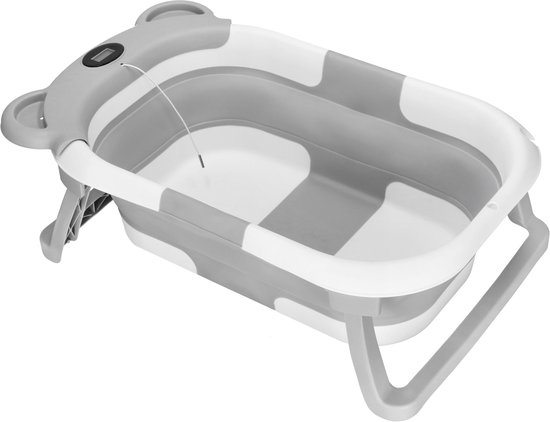 Springos Opvouwbaar Baby Bad - Opvouwbaar - Draagbaar - Met Stop - Thermometer - Tot 12 Maanden - 27,5 L - Wit - Grijs - 79 x 49 x 22 cm van Springos