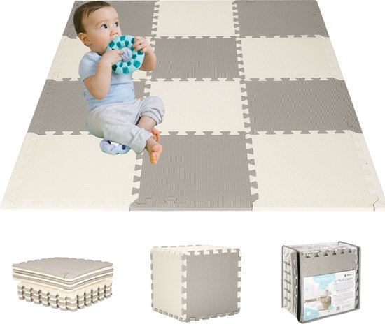 Springos Speelmat - Speelmat Foam - Puzzelmat - 12 puzzelstukken - 118 x 90 cm - Grijs/Creme van Merkloos