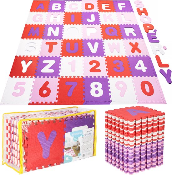 Springos Speelmat | Speelmat Foam | Puzzelmat | 36 Stukken | Letters & Cijfers | 175 x 175 cm | Roze/Rood/Paars/Wit van SPRI