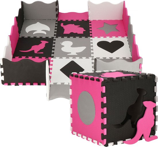 Springos Speelmat | Speelmat Foam | Puzzelmat | Figuren | 9 puzzelstukken | 120 x 120 cm | Roze/Grijs/Zwart/Wit van Springos