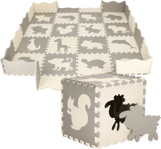 Springos Speelmat | Speelmat Foam | Puzzelmat | Figuren | Dieren | 16 puzzelstukken | 150 x 150 cm | Creme/Grijs van Springos
