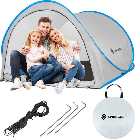 Springos Strandtent | Pop-Up Strandtent | UV Filter | Inclusief Draagtas | 120 x 200 x 110 cm | Grijs/Blauw van Springos