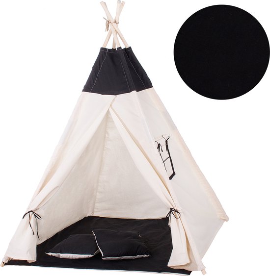 Springos Tipi Tent | Wigwam Speeltent | 120x100x180 cm | Met Mat en Kussens | Naturel Zwart van Merkloos