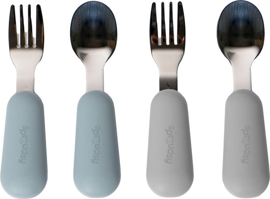 Sproudsy Kinderbestek - Baby - 2 Baby Lepeltjes en Vorkjes - Baby Bestek - BPA-Vrij - RVS - Blauw Grijs van Spro