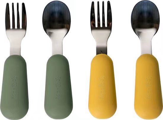 Sproudsy Kinderbestek - Baby - 2 Baby Lepeltjes en Vorkjes - Baby Bestek - BPA-Vrij - RVS - Groen Mango van Spro