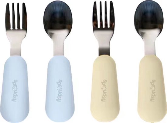 Sproudsy Kinderbestek - Baby - 2 Baby Lepeltjes en Vorkjes - Baby Bestek - BPA-Vrij - RVS - Lichtblauw Beige van Spro