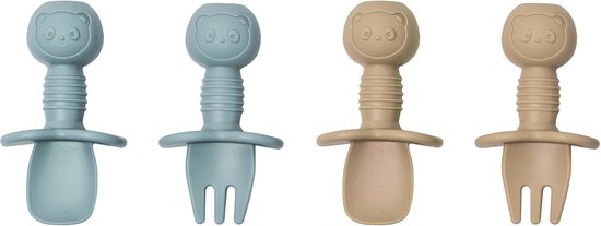 Sproudsy Kinderbestek Teddy Bear - Baby - 2 Baby Lepeltjes en Vorkjes - Baby Bestek - BPA-Vrij - Lichtblauw Beige van Spro