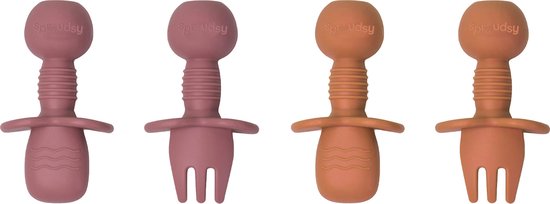 Sproudsy Kinderbestek Teddy Bear - Baby - 2 Baby Lepeltjes en Vorkjes - Baby Bestek - BPA-Vrij - Roze Oranje van Spro