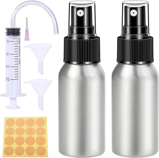 Spuitfles 50 ml - Set van 2 stuks voor water, parfum, cosmetica - Aluminiumlegering verstuiver - Mini lege spuitflessen - Pompfles - Vloeistof - Etherische oliën