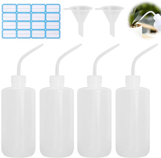 Spuitfles, 500 ml, set van 4 stuks, doseerfles HDPE met gebogen tuit, knijpfles met trechter en etiketten, laboratoriumfles, lekvrij, voor keuken, auto, reiniging, doe-het-zelf