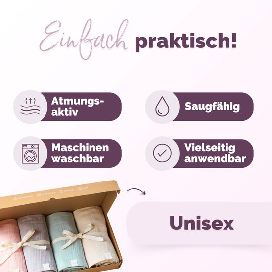 | Spuugdoeken baby 65x65 cm van biologische katoen - Set van 4 mousseline doekjes voor baby’s - Absorberende en ademende mousseline doeken, ideaal voor schoonmaken en droge