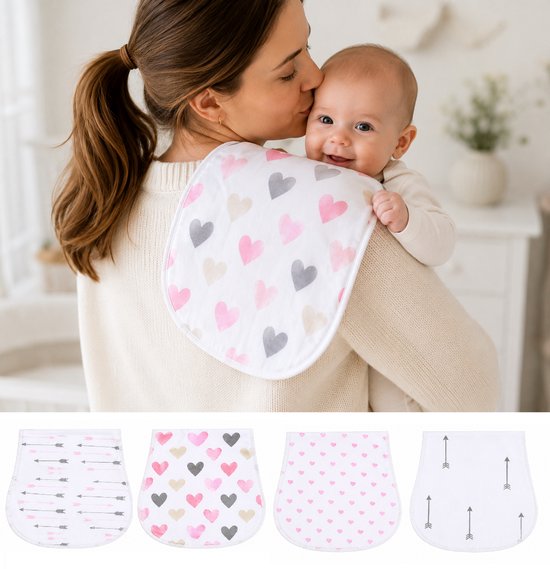Spuugdoekjes Baby Meisje – Set van 4 – Waterproof met Zacht Fleece Laagje – Extra Absorberend – Hartjes Print – Katoen – 48x23 cm