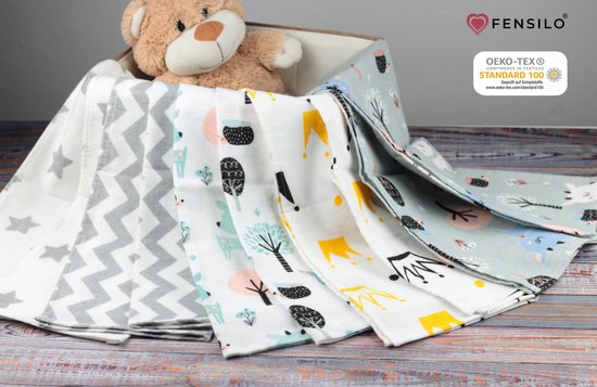 Spuugdoekjes – Monddoekjes – 10 Pack - Flanellen Doeken -  Monddoekje 35x50cm – 100% katoen – Fensilo – Spuugdoek Unisex – Wit – Dieren - Grijs - Flanellen Luiers van Fensilo