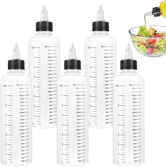 Squeeze Bottle - 5 Pcs - 250ml Squeeze Bottles met Schaal - Applicator Fles voor Haarverzorging en Kleuren - Olie Dispenser Fles (Zwart)