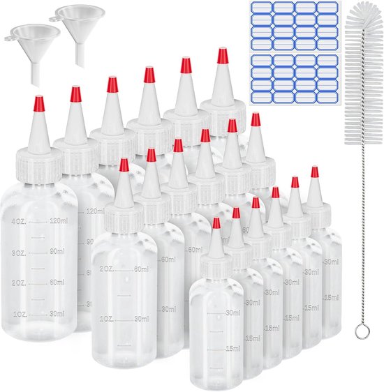 Squeeze Flessen - 18 Stukken - Dispenser Fles - 30ml/60ml/120ml - Spray Flessen - Squeeze Flessen met Rode Tips - Trechters - Labels - Borstels voor Sojasaus - Specerijen - Koken - Sauzen
