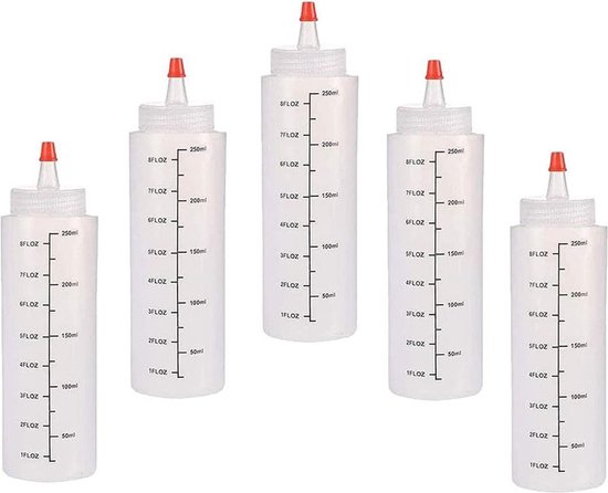 Squeeze flessen, 5 stuks, 250 ml sausfles, plastic knijpfles met doppen, sauzen fles, voor dressings ketchup, hete sauzen, olijfolie, mosterd, BBQ-sauzen, sauzen, mayo