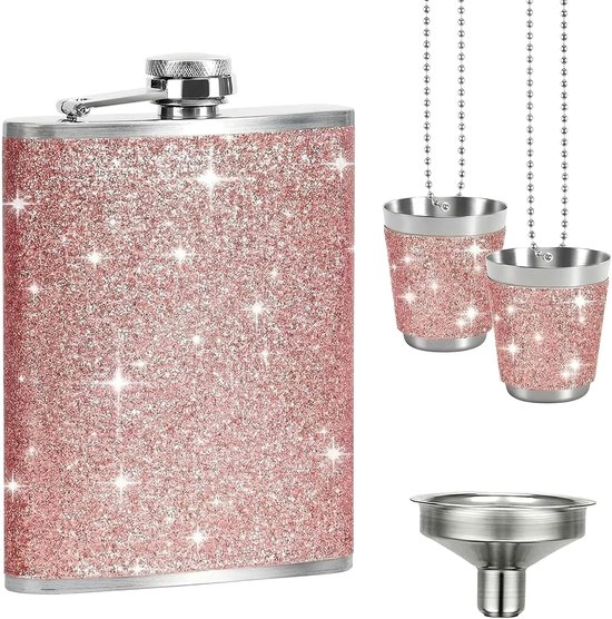 Staal 240 ml heupfles vrouwen roze glitter met 2 borrelglazen, kleine draagbare heupfles voor reizen, party, camping, roze geschenken voor vrouwen