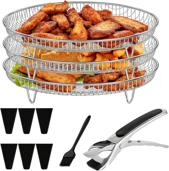 Stapelbare Air Fryer Racks, 3 stuks van 304 roestvrij staal, 20 cm, ideaal voor dehydrateren en bakken met siliconen voeten en pincet