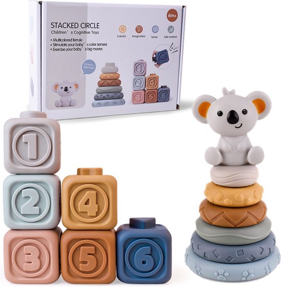 Stapelstenen en Stapeltoren - Zachte Stapelblokken Koala 13 Stuks - Baby Speelgoed 6 maanden 1 jaar 2 jaar - Motoriek Speelgoed - Kraamcadeau van BiOBUDDi