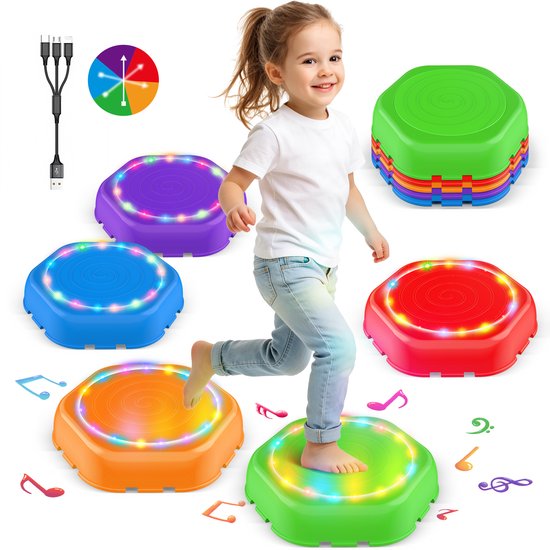 Stapstenen met Licht en Geluid - 5 Oplaadbare Stepping Stones - Met Speelboekje - Stapelstenen - Balansstenen met Antislip