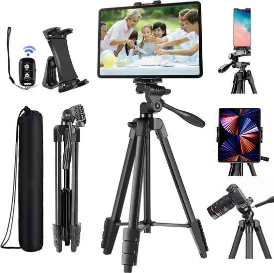 statief houder 60 inch met externe sluiter voor iPad Pro Air Mini 12,9 11 10,5 Surface Galaxy Tab, iPhone, 3,5 tot 13,5 inch telefoons Tablets, video-opname, camera